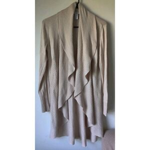 White House Black Market Ruffle Front Waterfall Cardigan Tan Cotton Blend Sz L